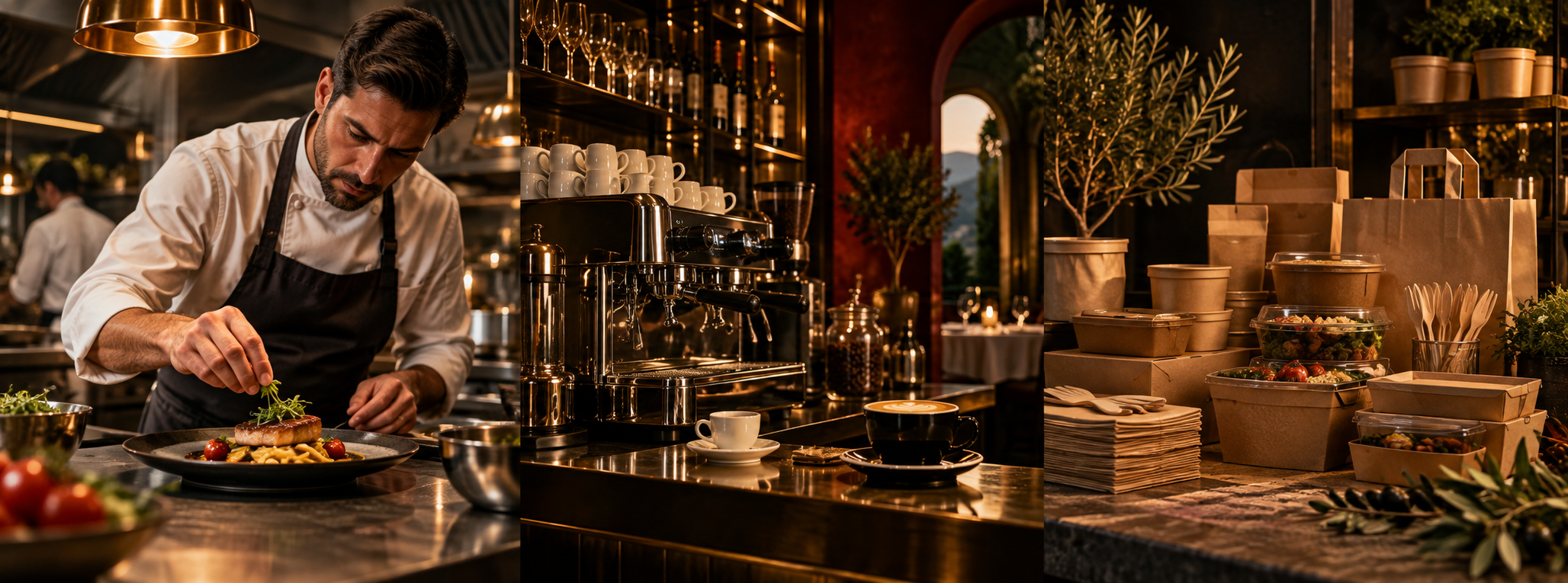 Koch bei der Arbeit, professionelle Kaffeebar und Take-away-Verpackungen